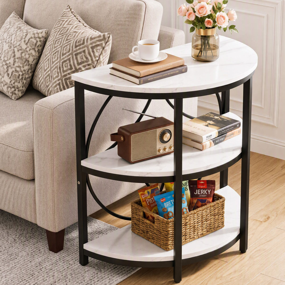 Artiss Half Moon 3 Tier End Table Side Table Marble Effect White & Black Metal