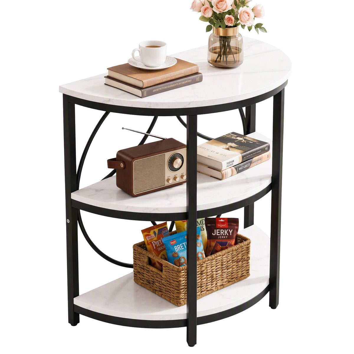 Artiss Half Moon 3 Tier End Table Side Table Marble Effect White & Black Metal