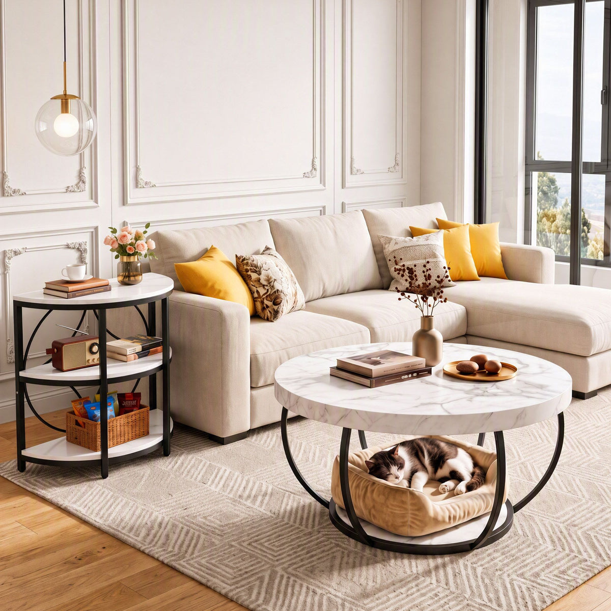 Artiss Half Moon 3 Tier End Table Side Table Marble Effect White & Black Metal