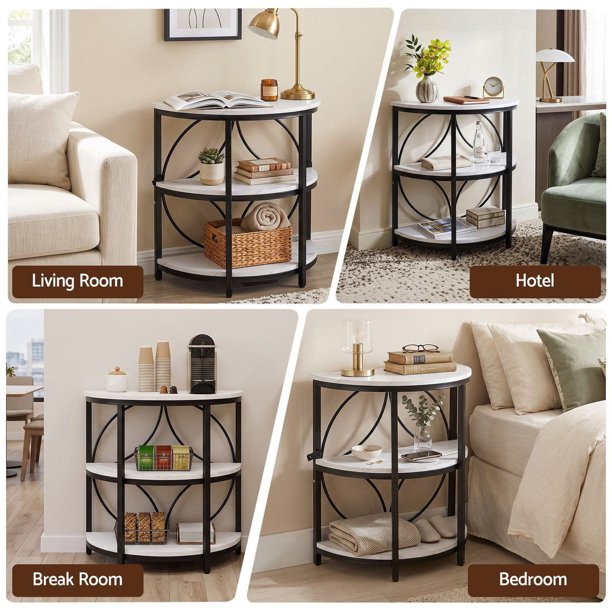 Artiss Half Moon 3 Tier End Table Side Table Marble Effect White & Black Metal