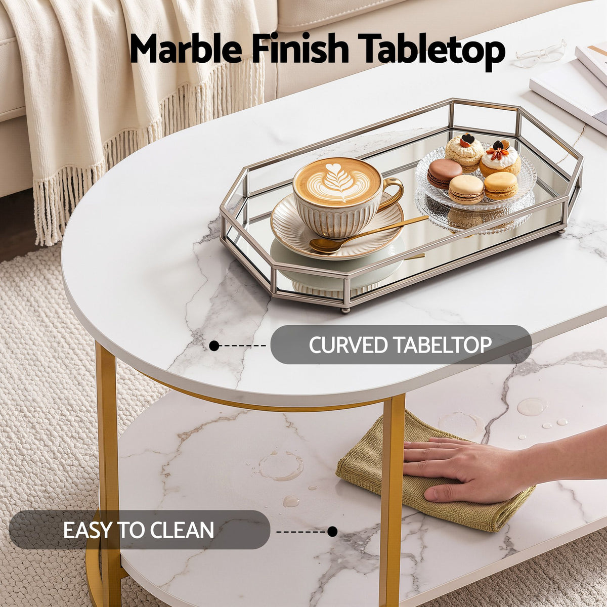 Artiss Coffee Table 2 Tier Oval Marble Finish Storage Shelf Metal Frame Center Table Living Room 100x50x45cm White & Gold