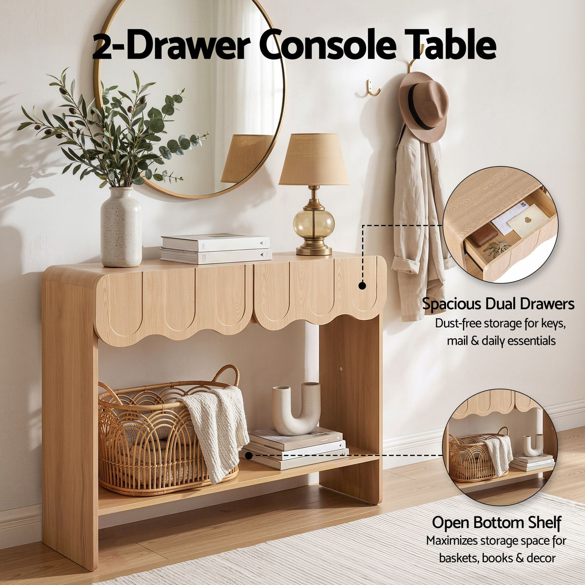 Artiss 2-Drawer Console Table, Scalloped Front, Rounded Corners, 100cm