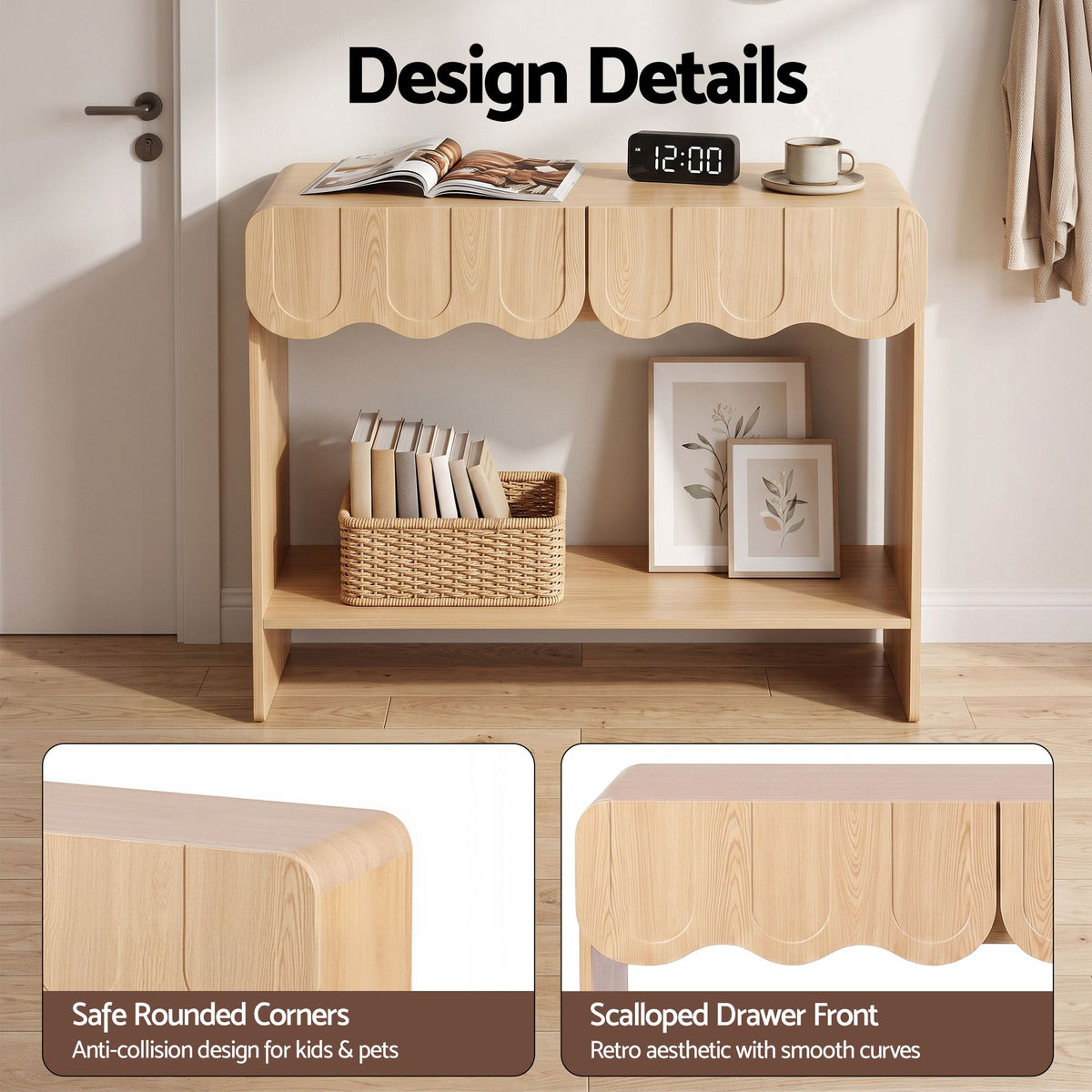 Artiss 2-Drawer Console Table, Scalloped Front, Rounded Corners, 100cm
