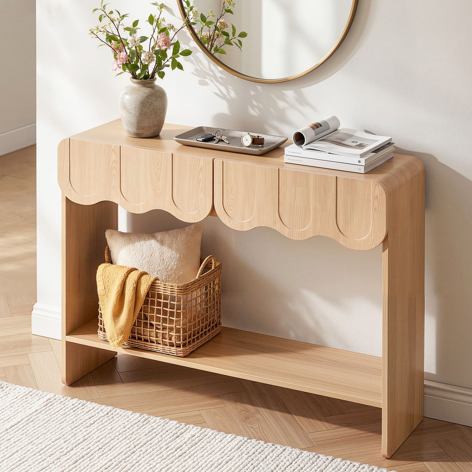 Artiss 2-Drawer Console Table, Scalloped Front, Rounded Corners, 100cm