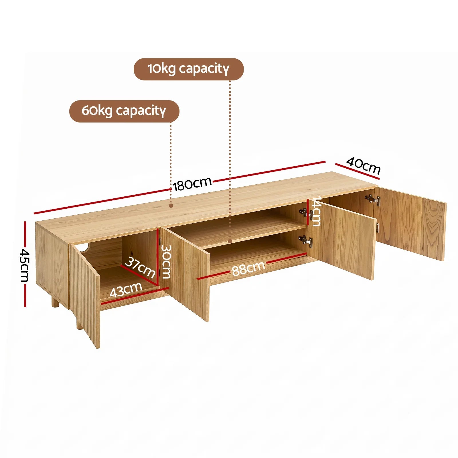 180cm Entertainment Unit – Fluted Doors, Storage Cabinets, Pine