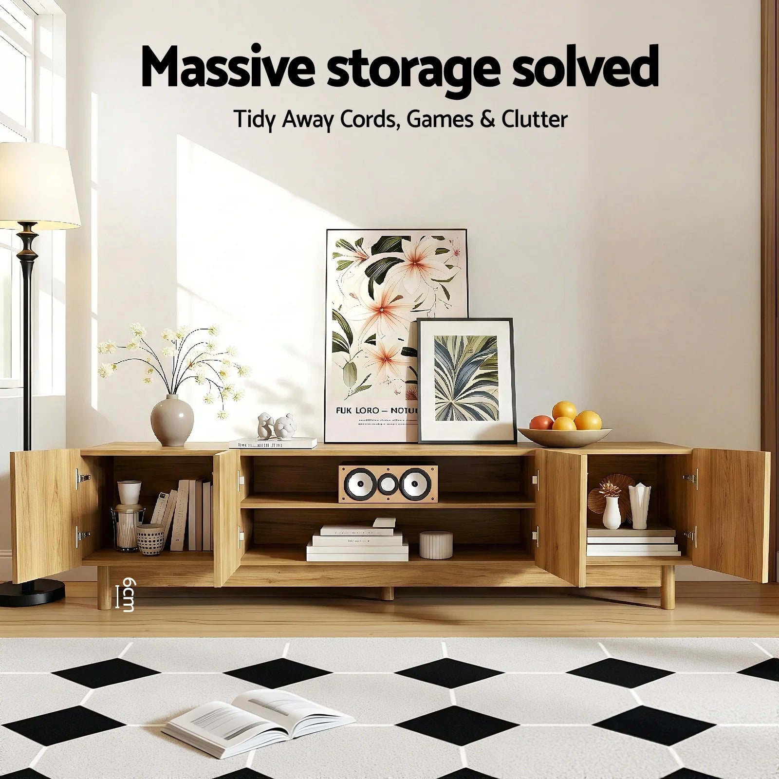 180cm Entertainment Unit – Fluted Doors, Storage Cabinets, Pine