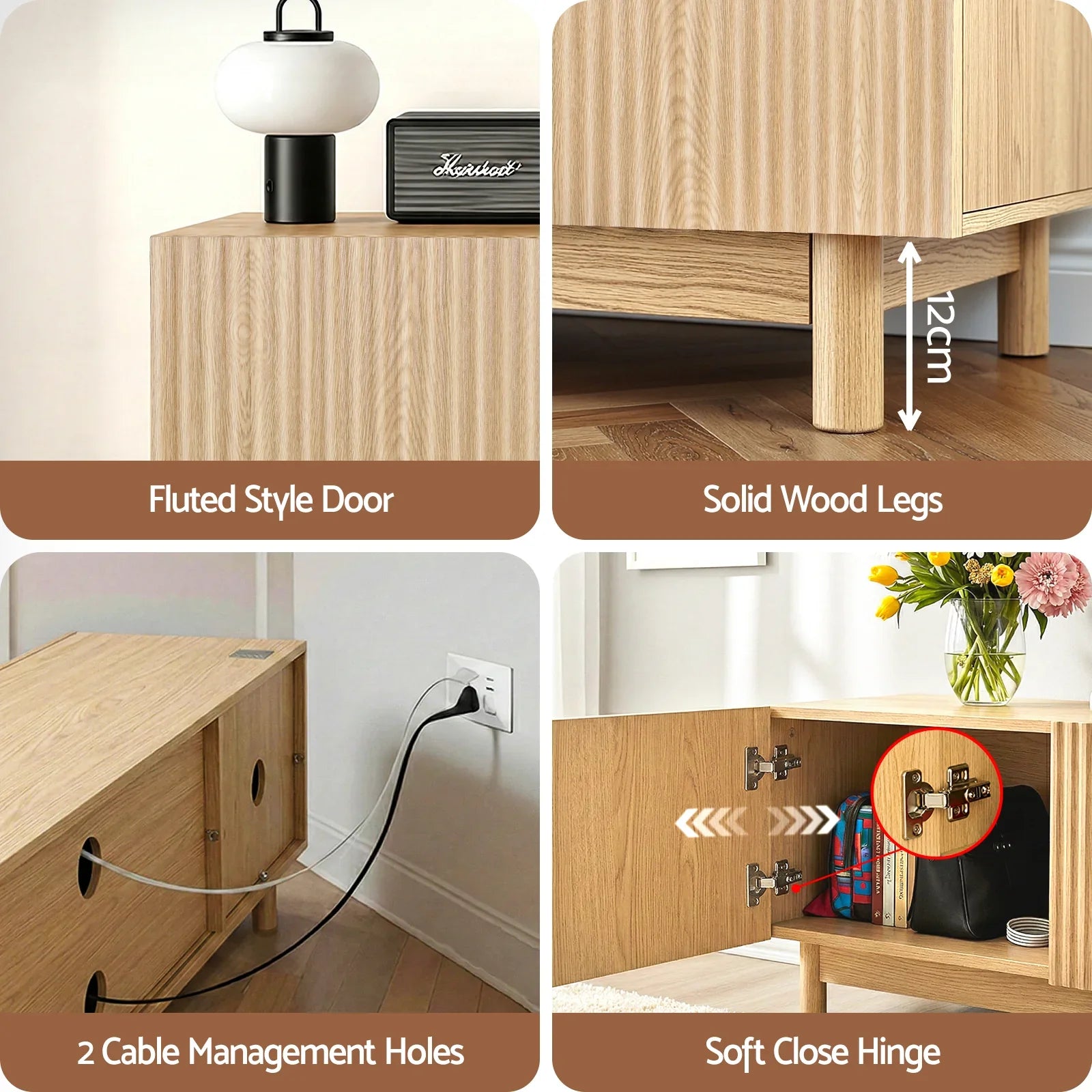 180cm Entertainment Unit – Fluted Doors, Storage Cabinets, Pine