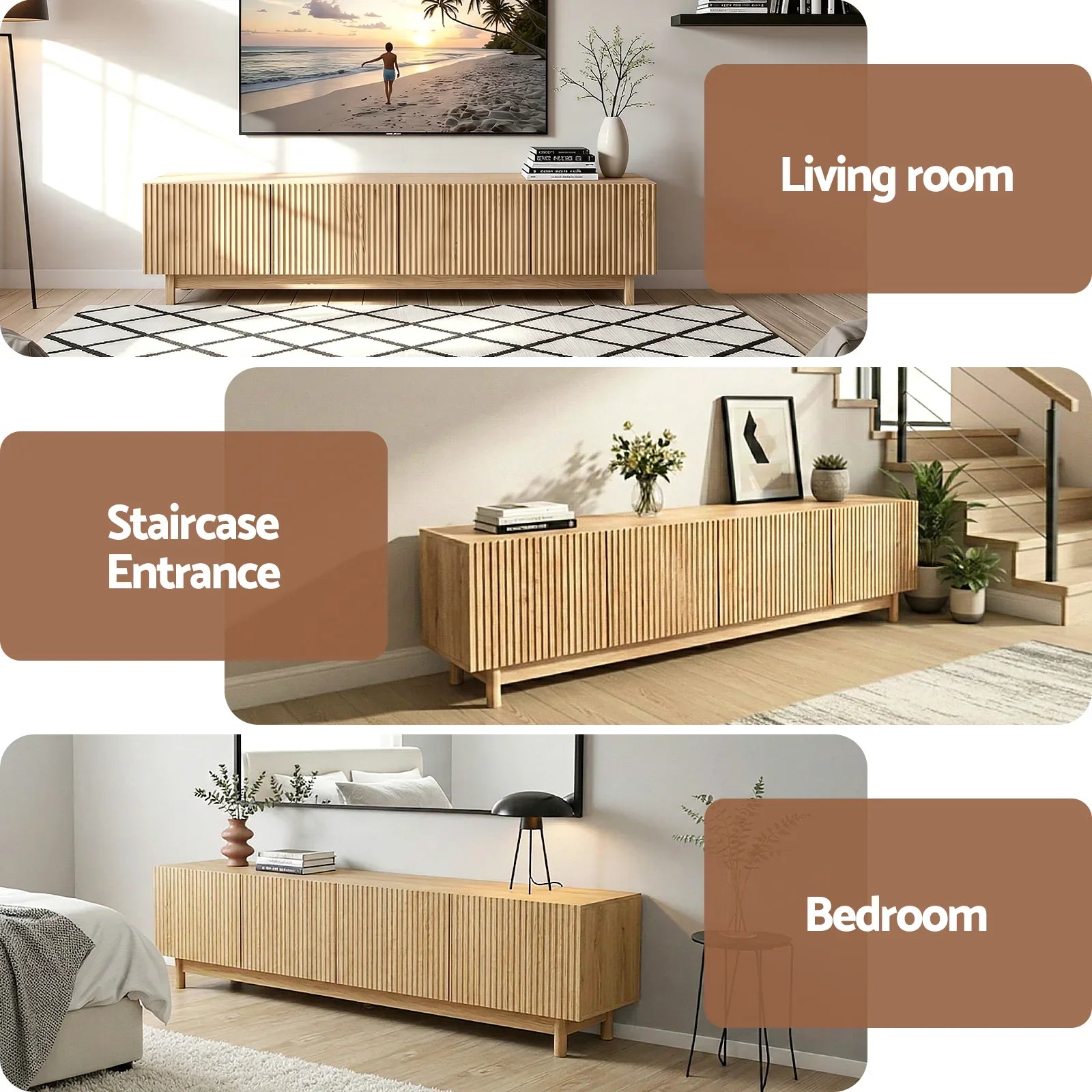 180cm Entertainment Unit – Fluted Doors, Storage Cabinets, Pine