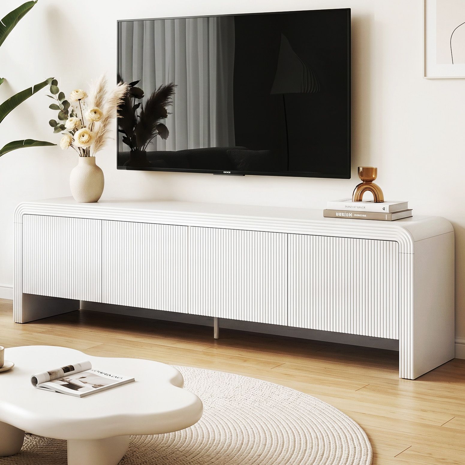 180cm White TV Unit – Fluted Doors, Push‑to‑Open, Soft Close, 70kg Capacity