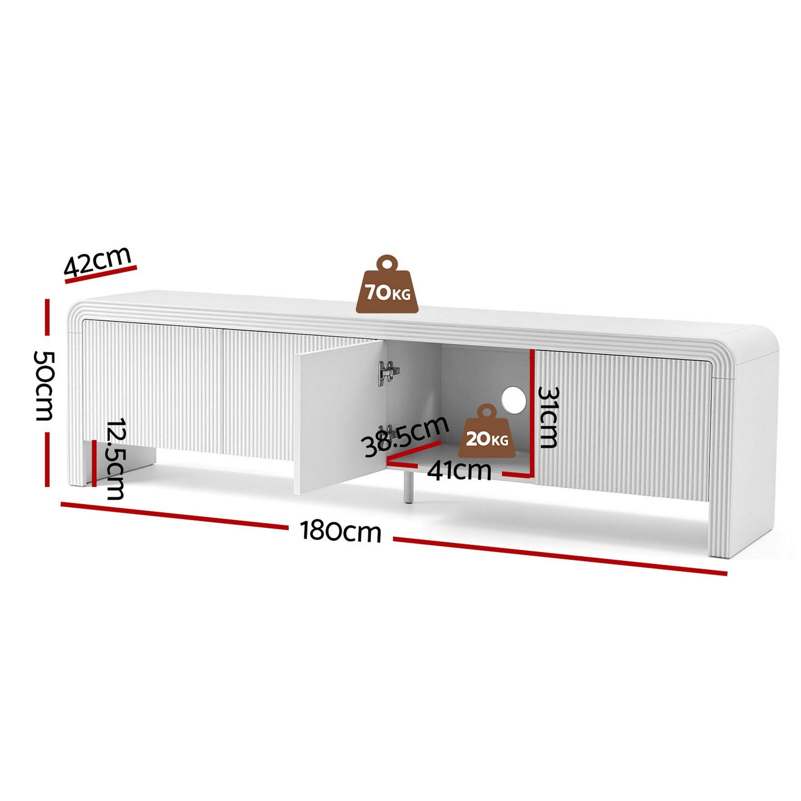 180cm White TV Unit – Fluted Doors, Push‑to‑Open, Soft Close, 70kg Capacity
