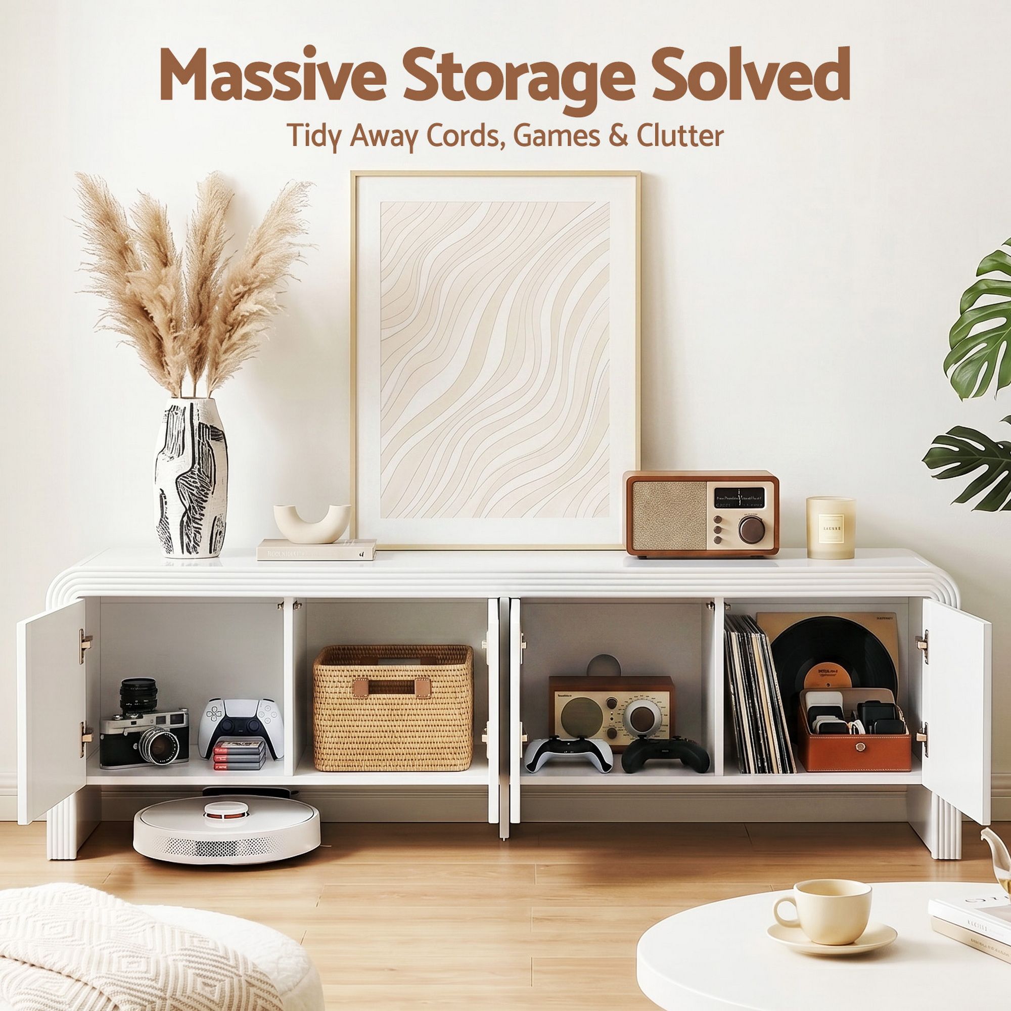 180cm White TV Unit – Fluted Doors, Push‑to‑Open, Soft Close, 70kg Capacity