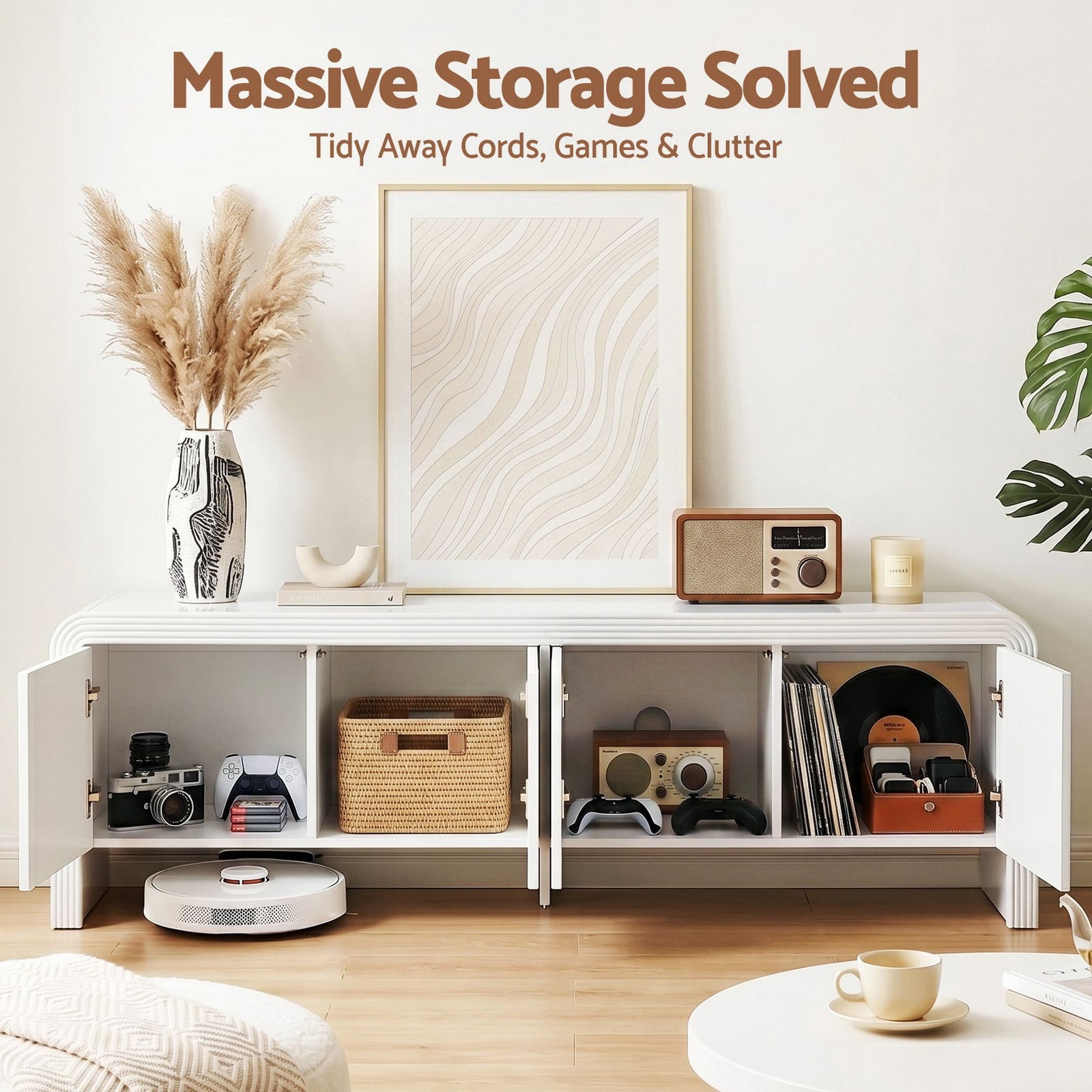 180cm White TV Unit – Fluted Doors, Push‑to‑Open, Soft Close, 70kg Capacity