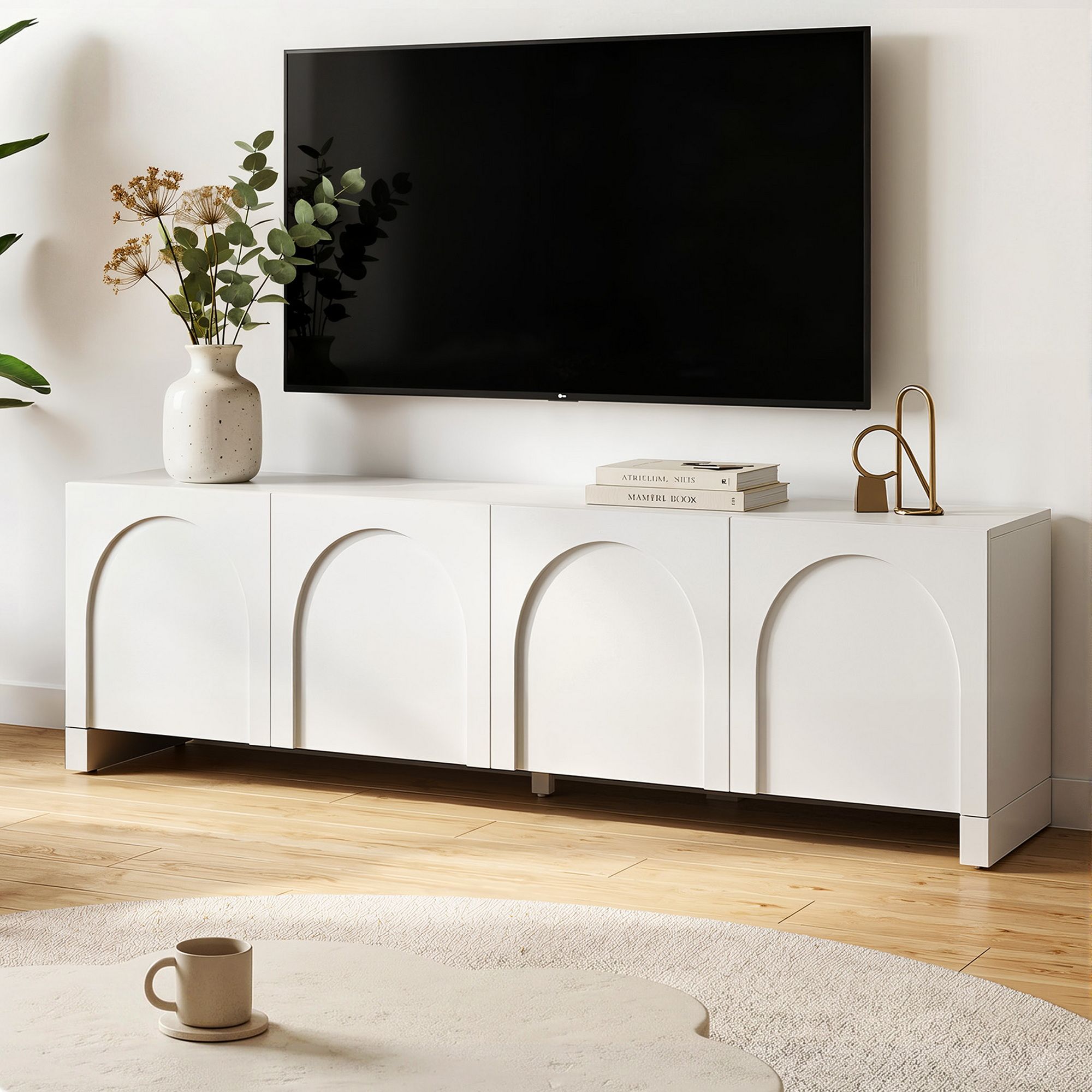 TV Unit 180cm White – Concave Entertainment Cabinet with Adjustable Shelves