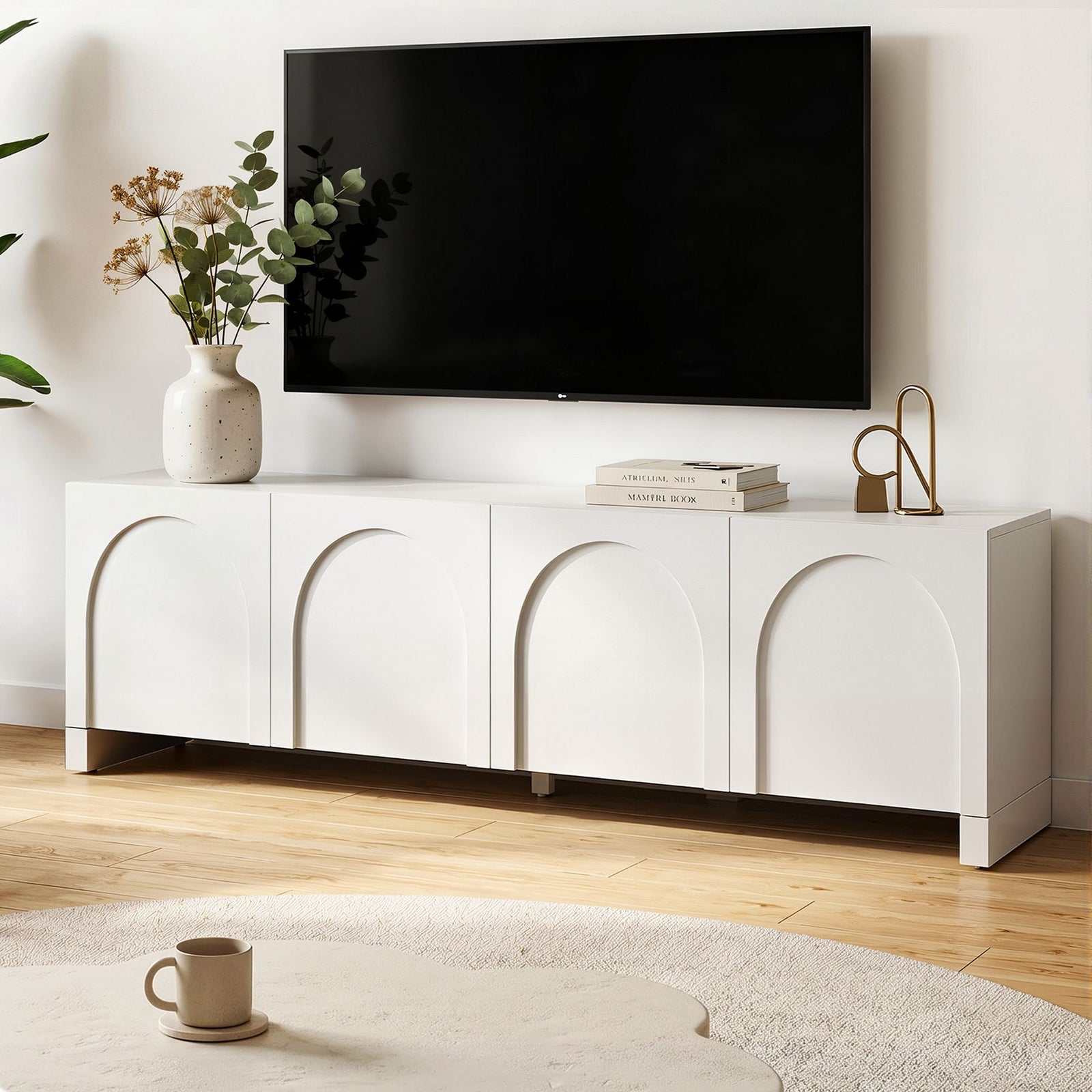 TV Unit 180cm White – Concave Entertainment Cabinet with Adjustable Shelves