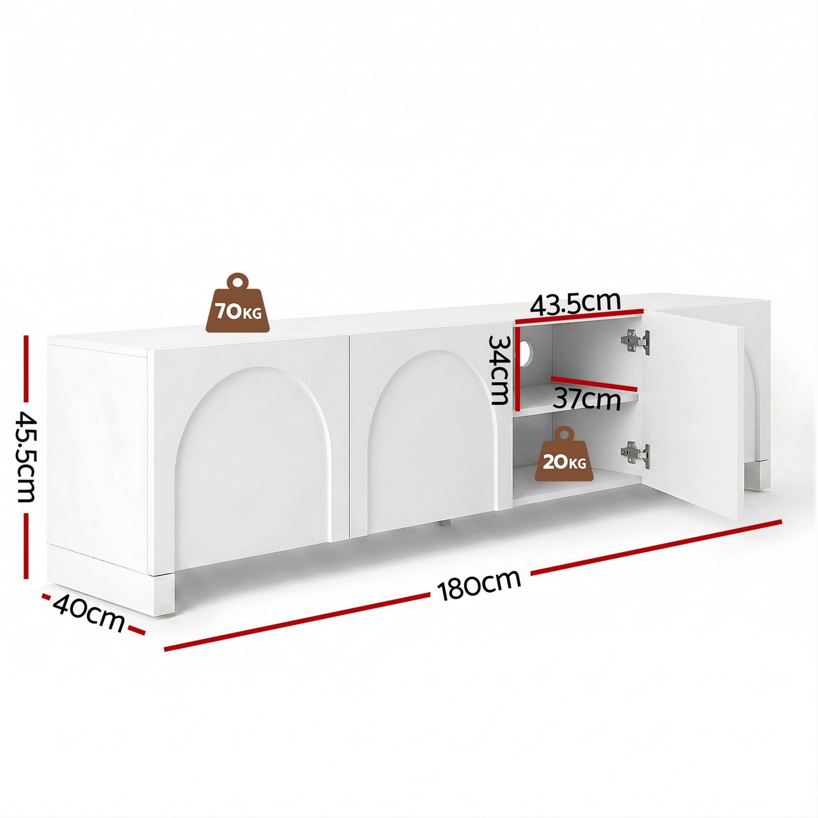 TV Unit 180cm White – Concave Entertainment Cabinet with Adjustable Shelves