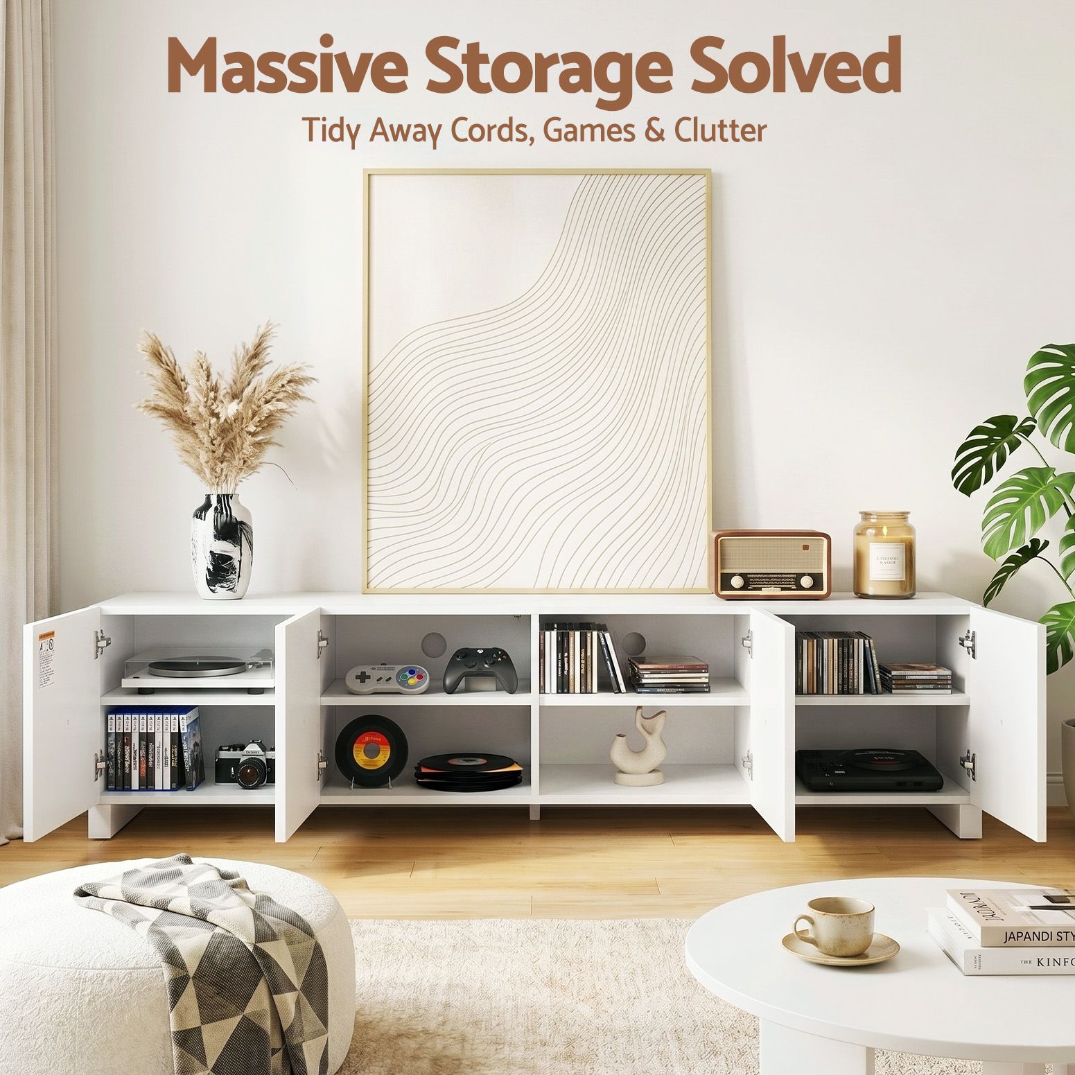 TV Unit 180cm White – Concave Entertainment Cabinet with Adjustable Shelves