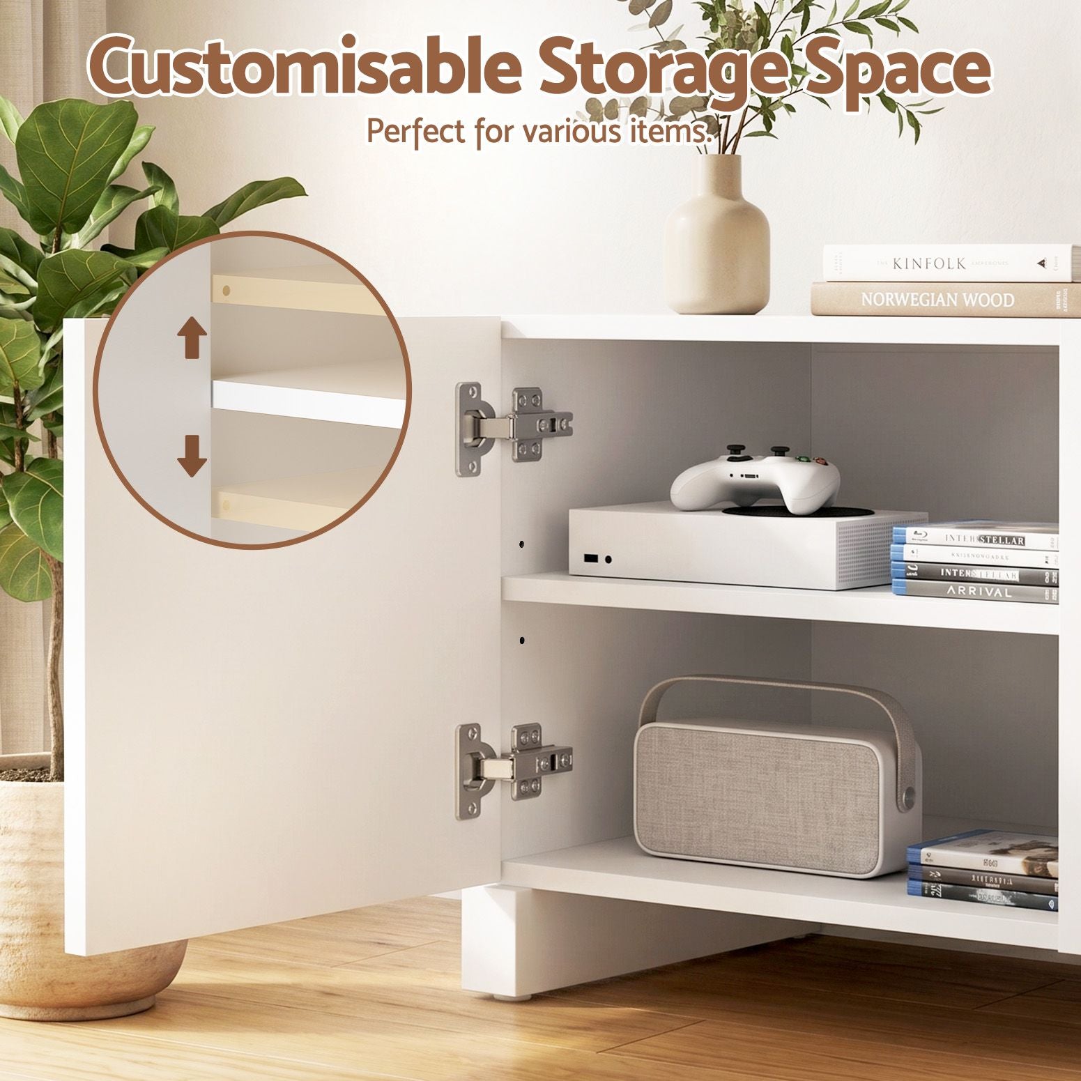TV Unit 180cm White – Concave Entertainment Cabinet with Adjustable Shelves