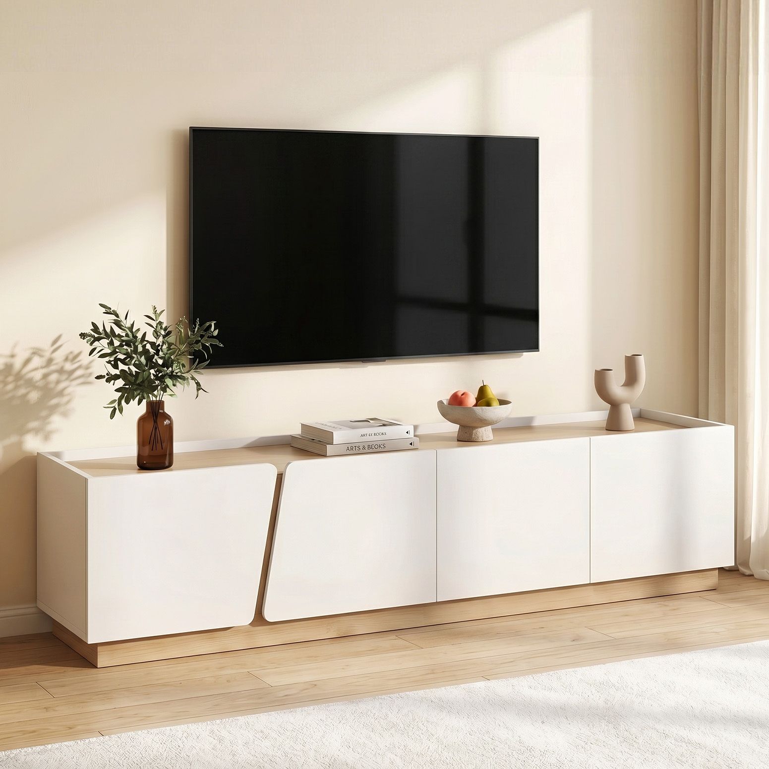 TV Unit 180cm White & Pine – 4 Cabinets, Soft‑Close, 70kg Top, Cable Holes