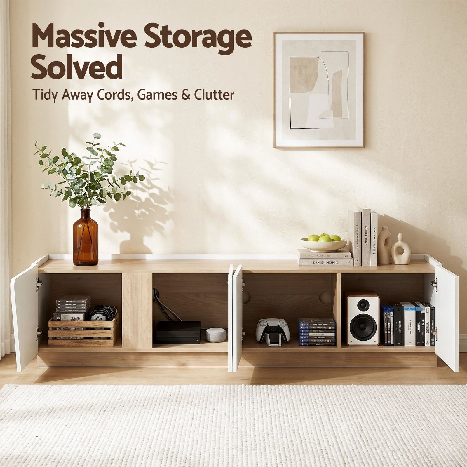 Artiss TV Unit 180cm White & Pine – 4 Cabinets, Soft‑Close, 70kg Top, Cable Holes