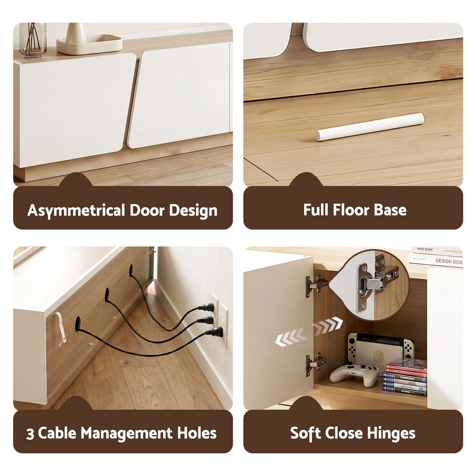 Artiss TV Unit 180cm White & Pine – 4 Cabinets, Soft‑Close, 70kg Top, Cable Holes