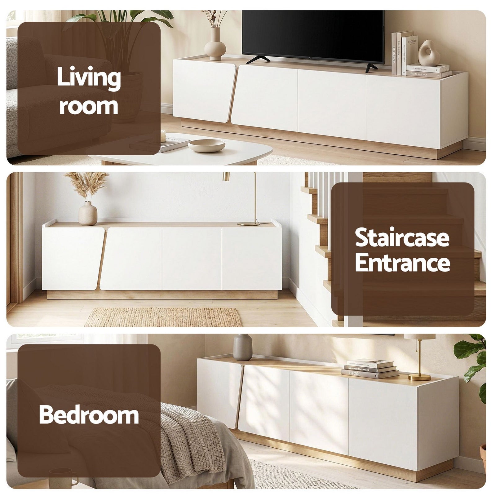 Artiss TV Unit 180cm White & Pine – 4 Cabinets, Soft‑Close, 70kg Top, Cable Holes