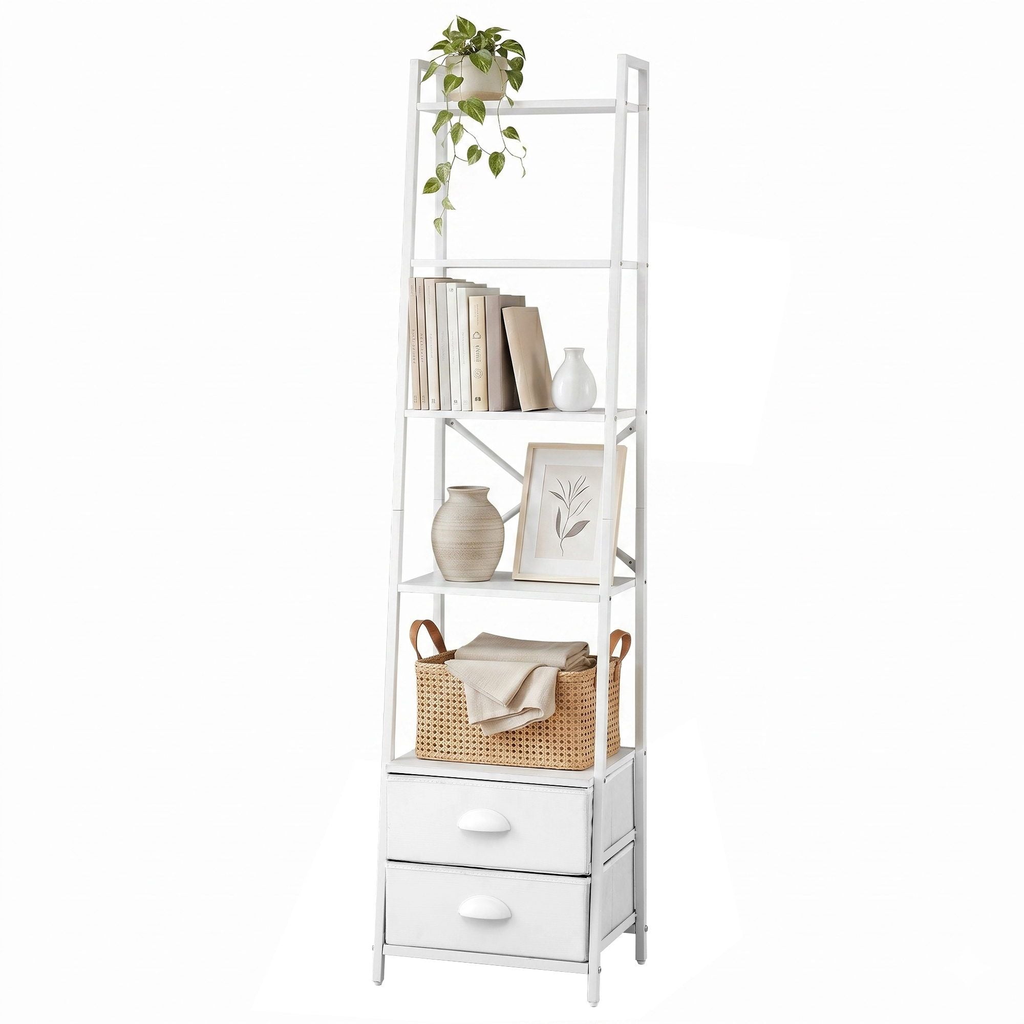 5‑Tier Ladder Shelf – 39×29.5×161cm, Steel Frame, Fabric Drawers, White