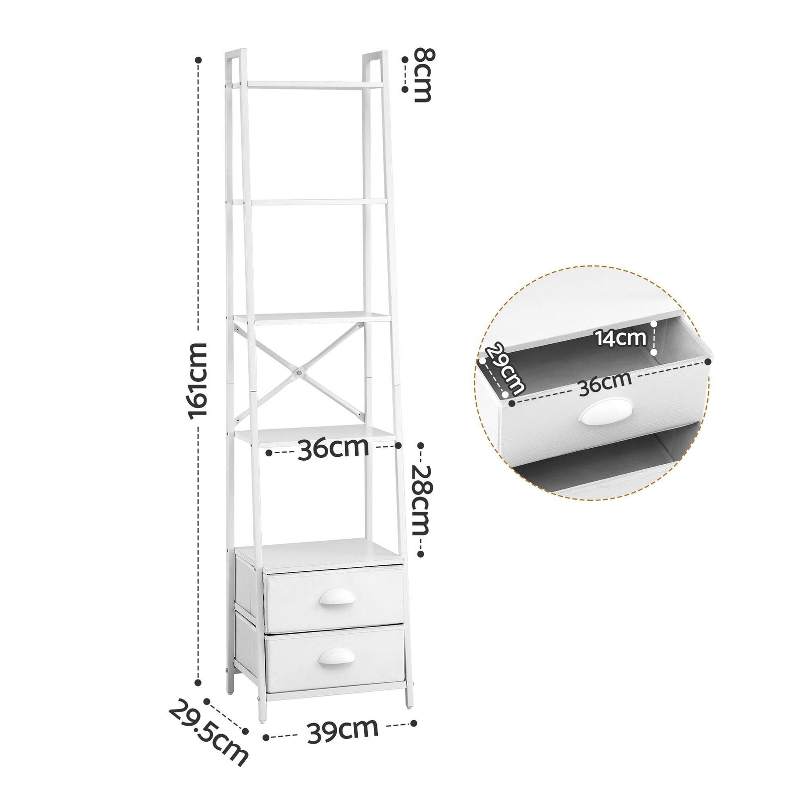 5‑Tier Ladder Shelf – 39×29.5×161cm, Steel Frame, Fabric Drawers, White
