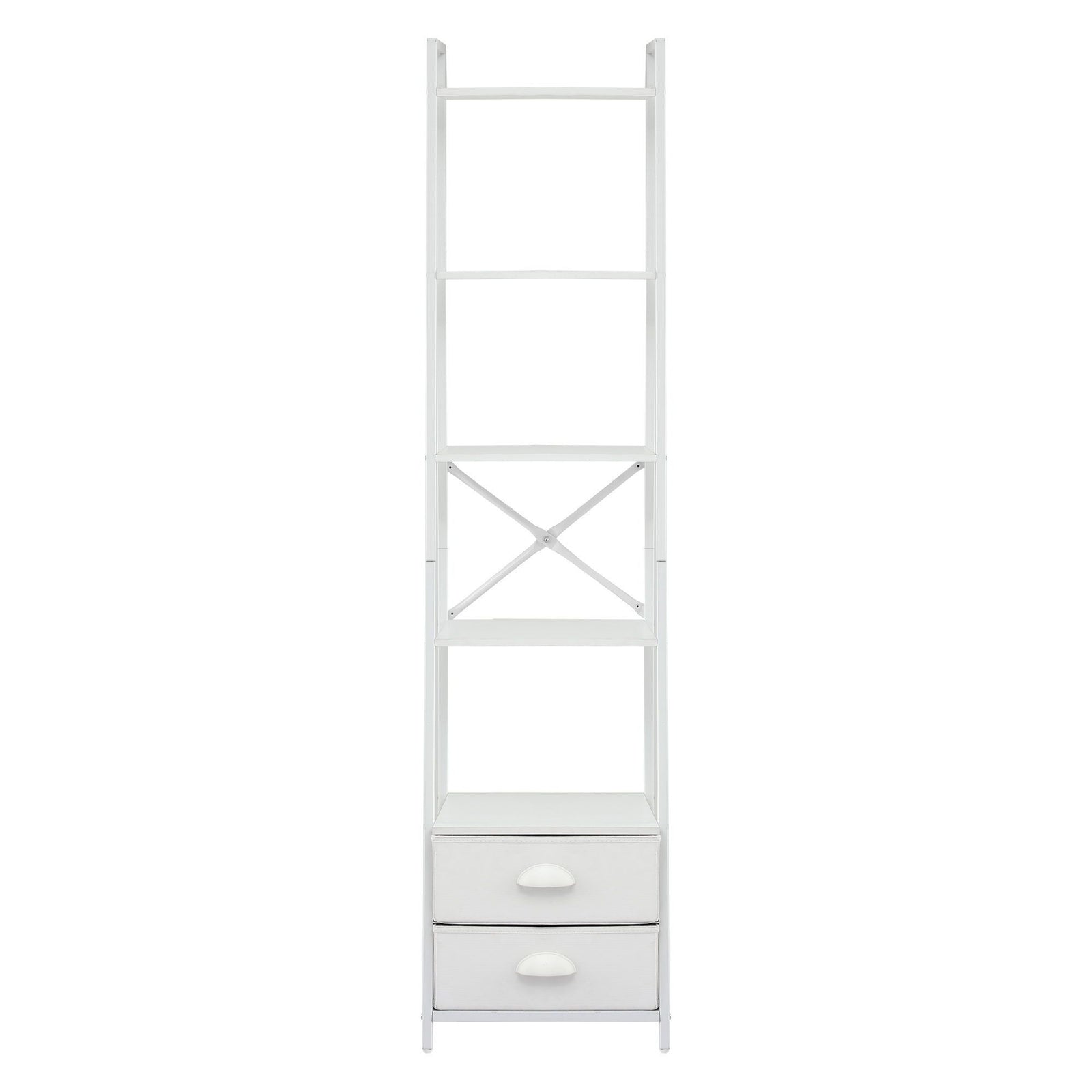 5‑Tier Ladder Shelf – 39×29.5×161cm, Steel Frame, Fabric Drawers, White