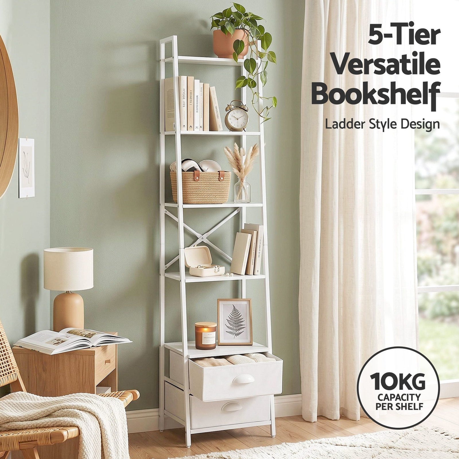 5‑Tier Ladder Shelf – 39×29.5×161cm, Steel Frame, Fabric Drawers, White