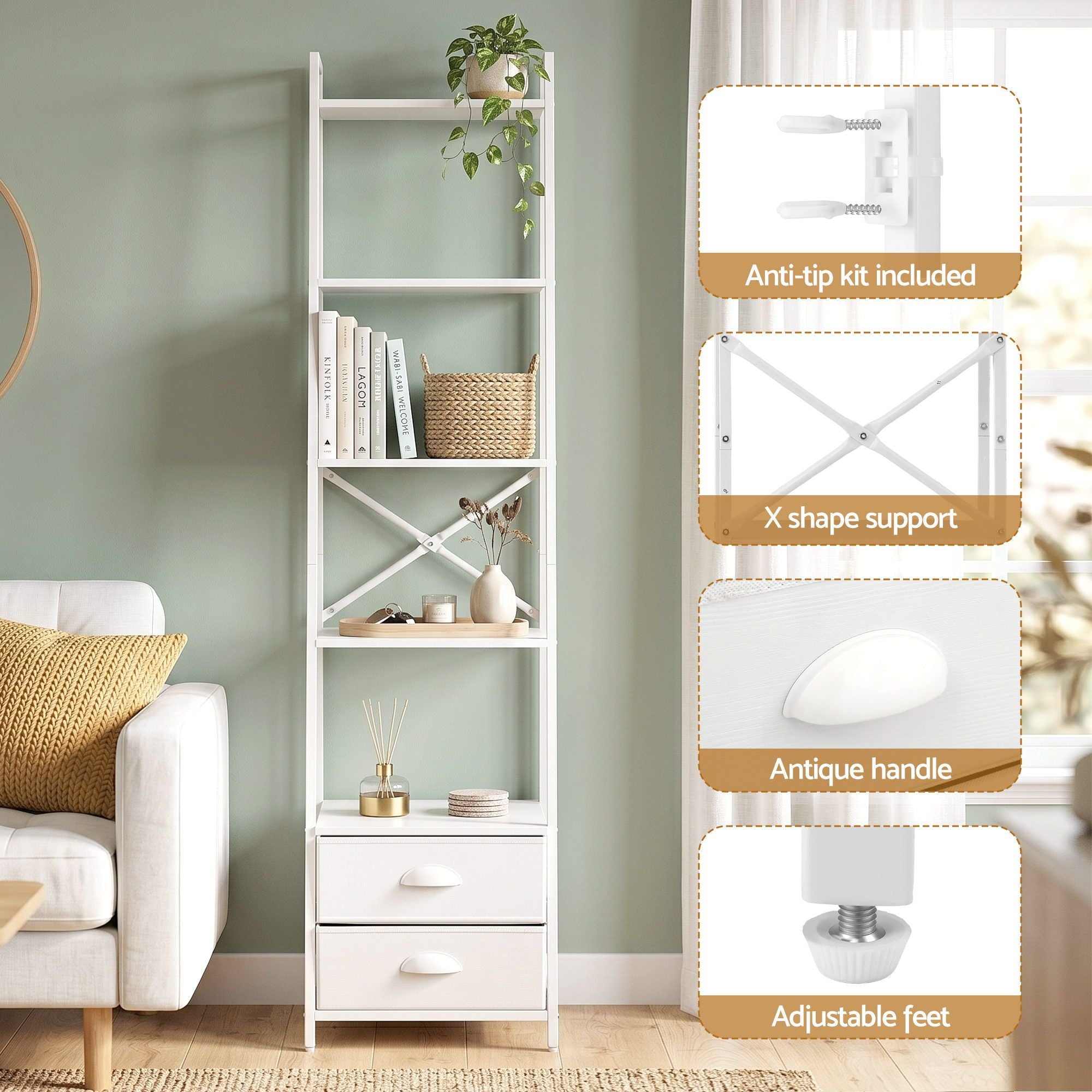 5‑Tier Ladder Shelf – 39×29.5×161cm, Steel Frame, Fabric Drawers, White