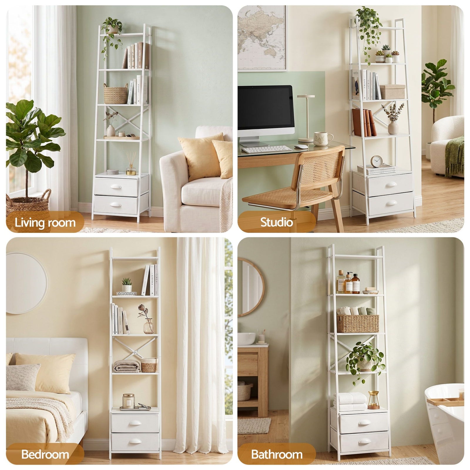 5‑Tier Ladder Shelf – 39×29.5×161cm, Steel Frame, Fabric Drawers, White