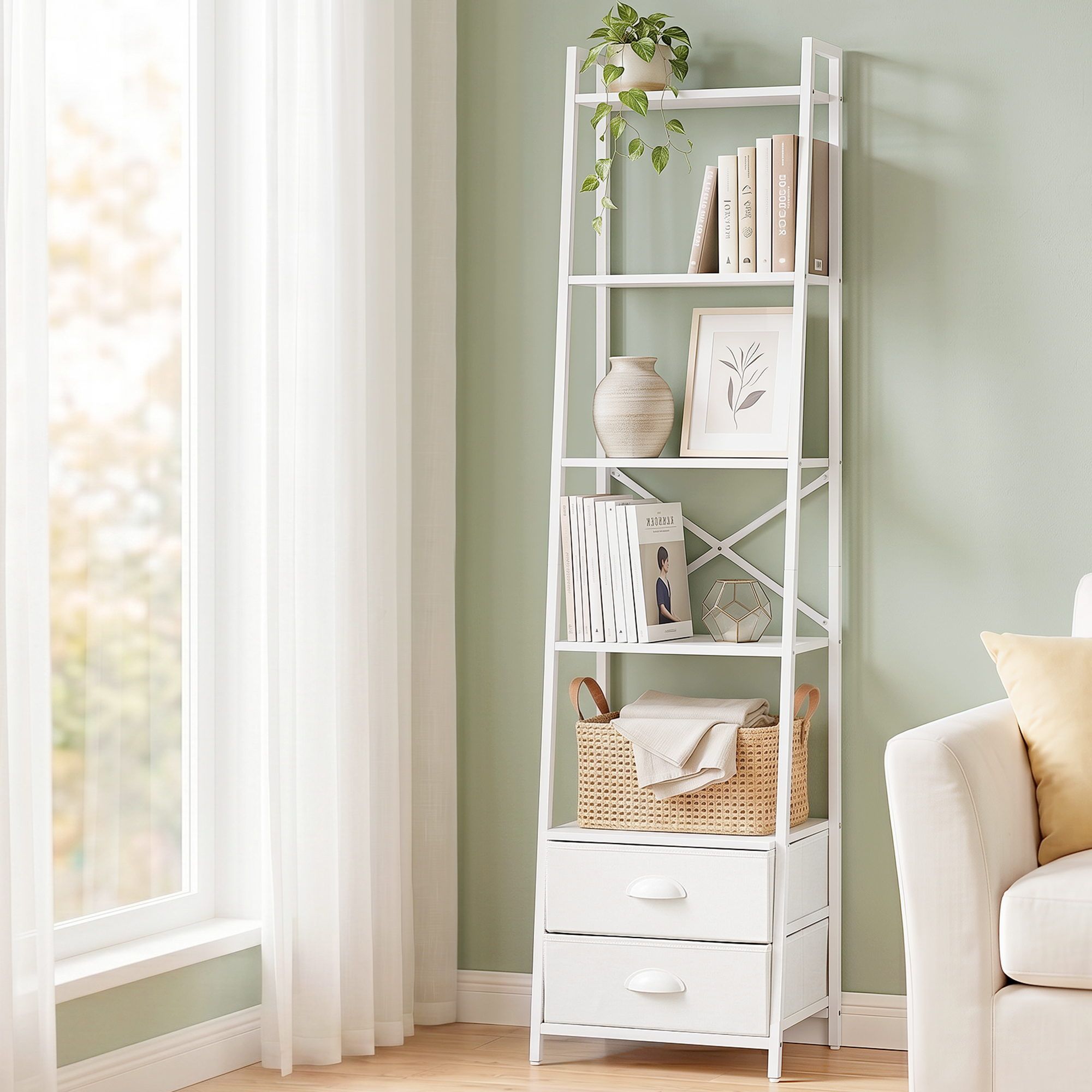 5‑Tier Ladder Shelf – 39×29.5×161cm, Steel Frame, Fabric Drawers, White