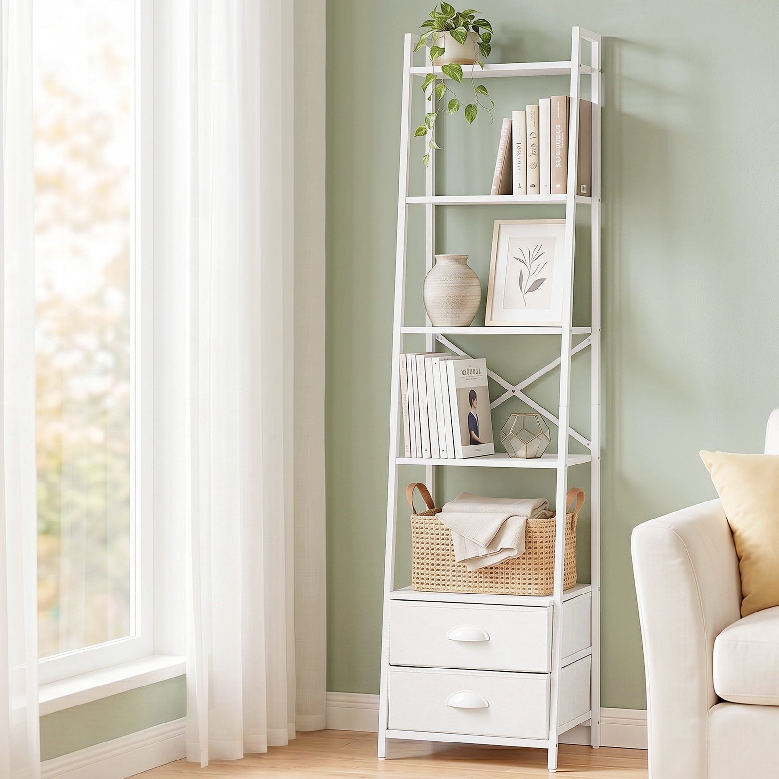 5‑Tier Ladder Shelf – 39×29.5×161cm, Steel Frame, Fabric Drawers, White