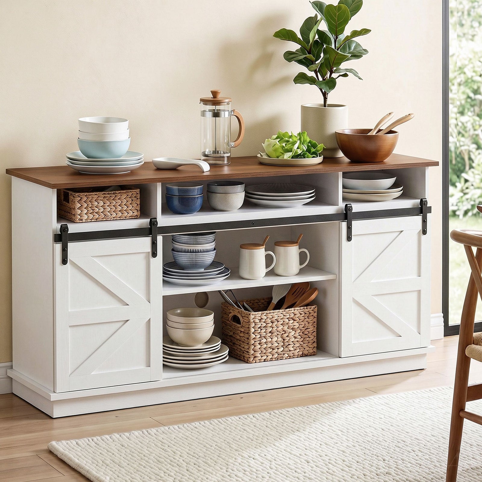 Artiss Buffet Sideboard Cabinet 150cm 3-Tier Kitchen Storage Sliding Doors White