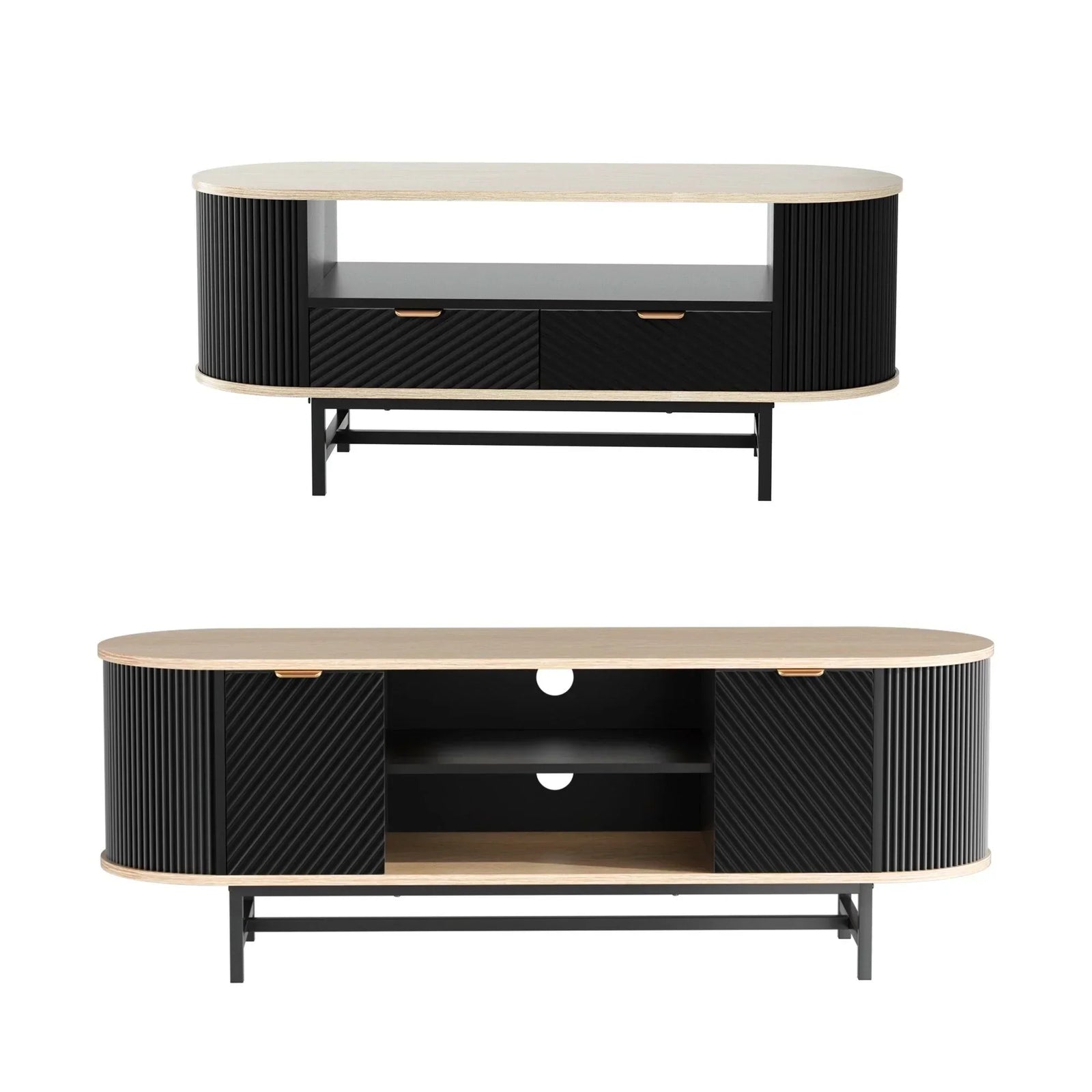 2‑Piece Lounge Set – 140cm TV Unit & Fluted Coffee Table, Black/Pine