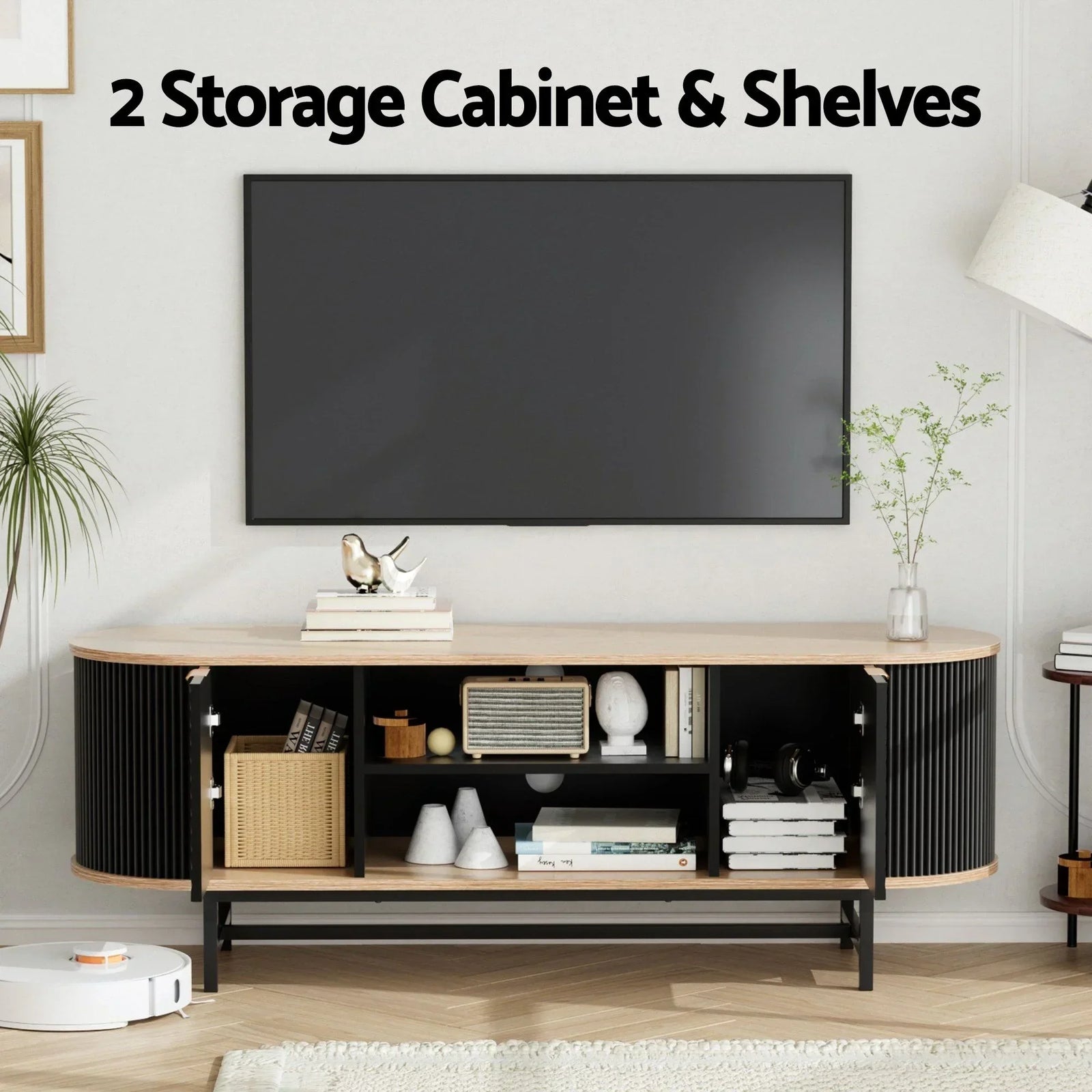 2‑Piece Lounge Set – 140cm TV Unit & Fluted Coffee Table, Black/Pine