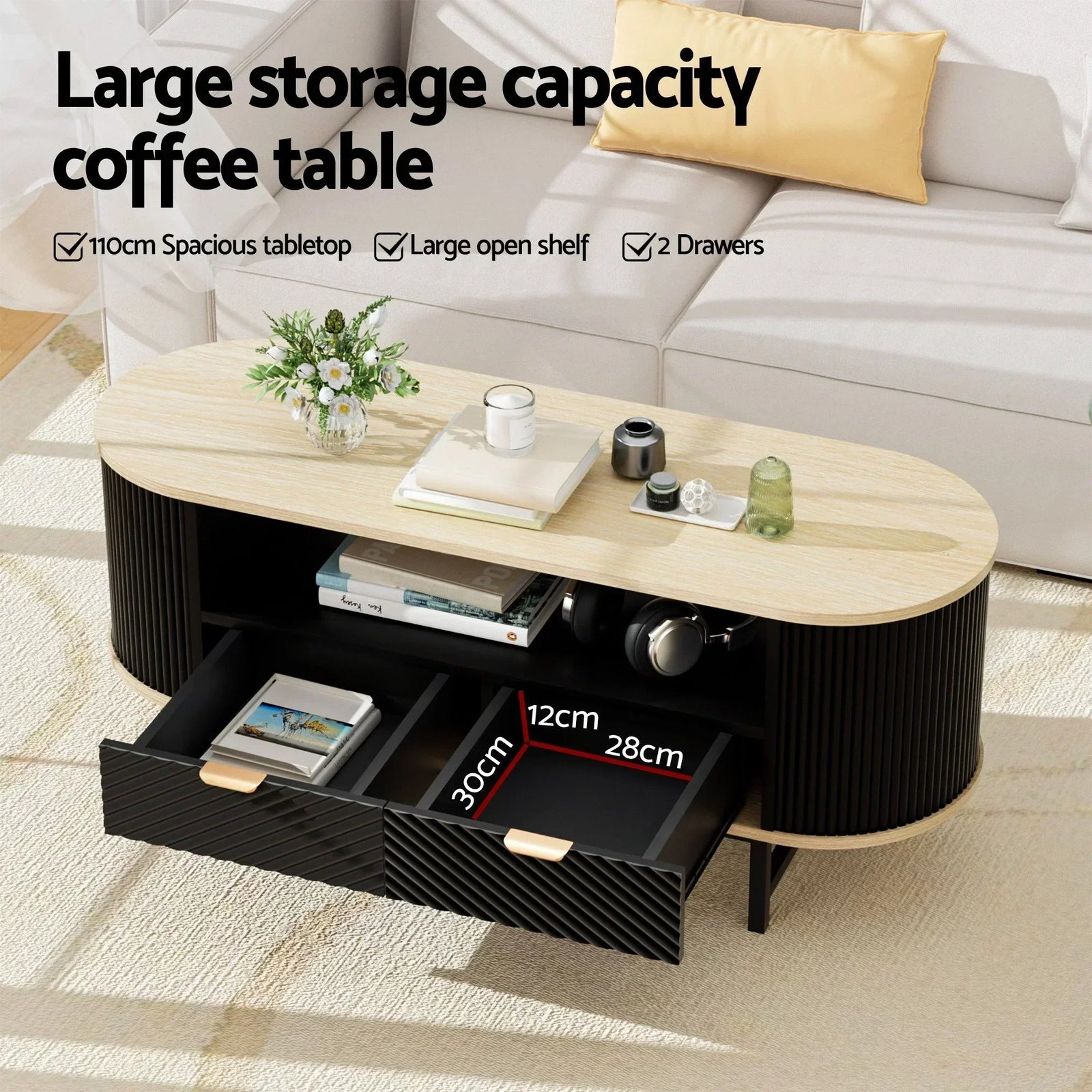 2‑Piece Lounge Set – 140cm TV Unit & Fluted Coffee Table, Black/Pine