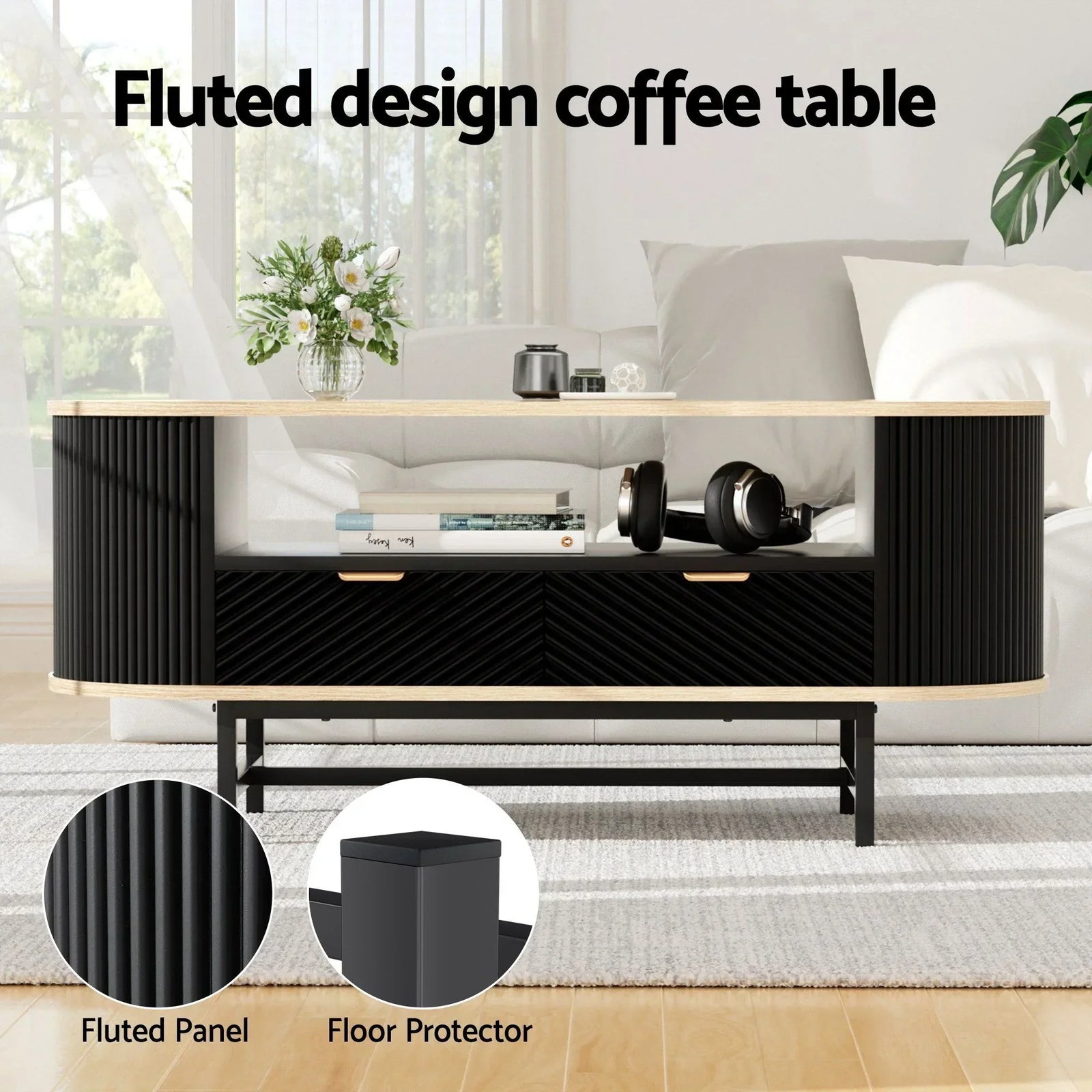 2‑Piece Lounge Set – 140cm TV Unit & Fluted Coffee Table, Black/Pine