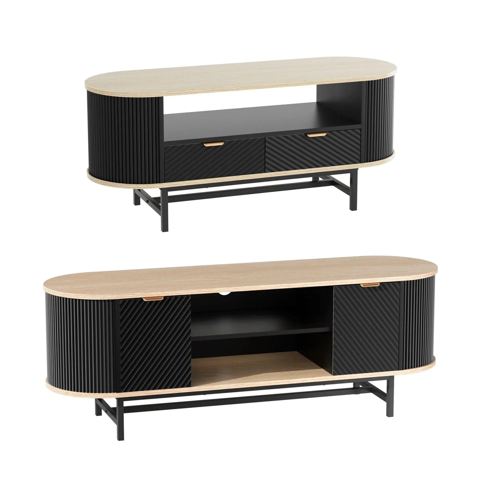 2‑Piece Lounge Set – 140cm TV Unit & Fluted Coffee Table, Black/Pine
