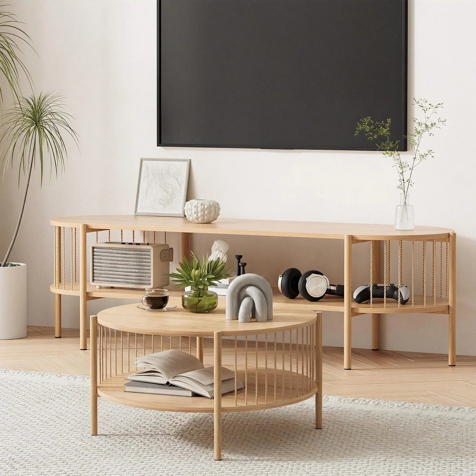 2‑Piece Lounge Set – 148cm TV Unit & Rustic Coffee Table, Pine
