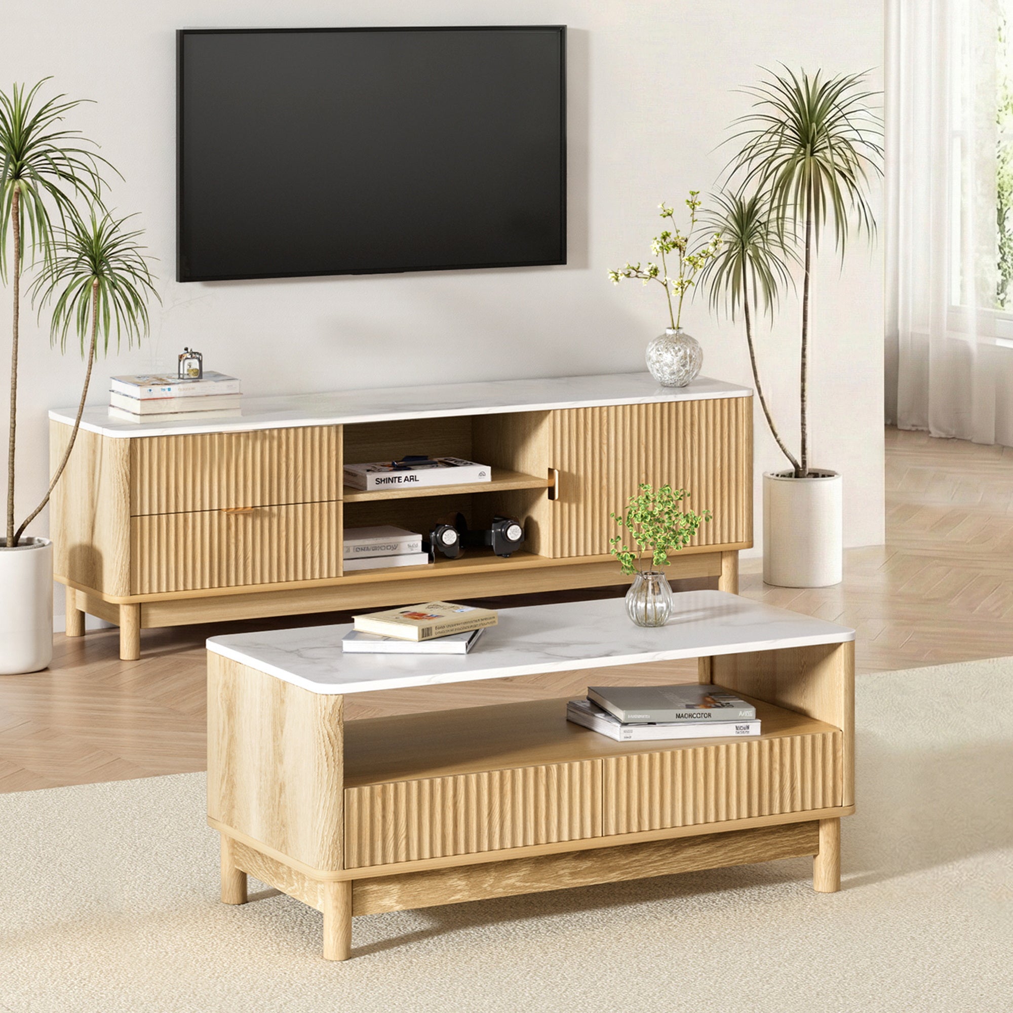 TV Unit & Coffee Table Set Storage Drawers Pine