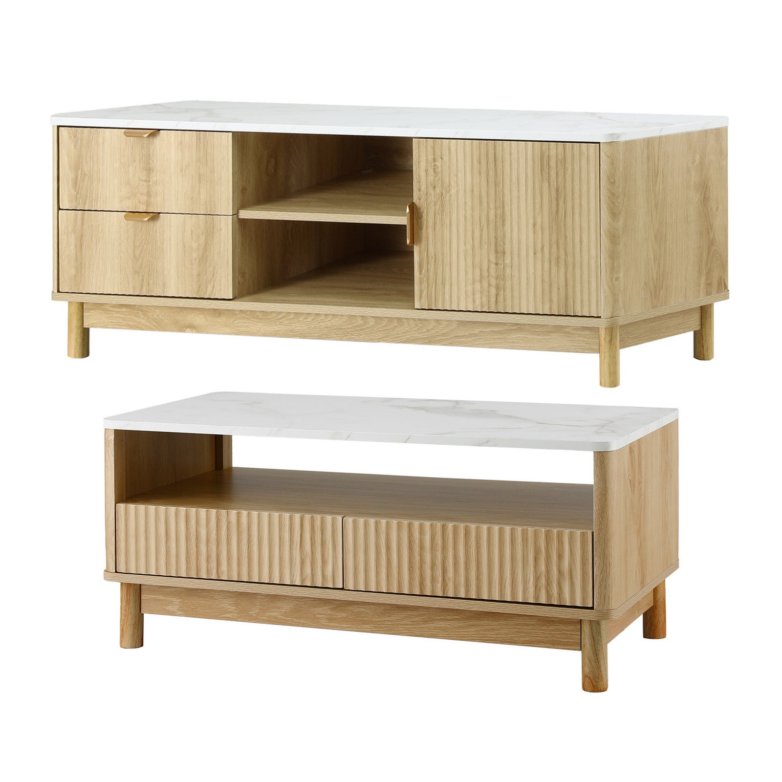 TV Unit & Coffee Table Set Storage Drawers Pine