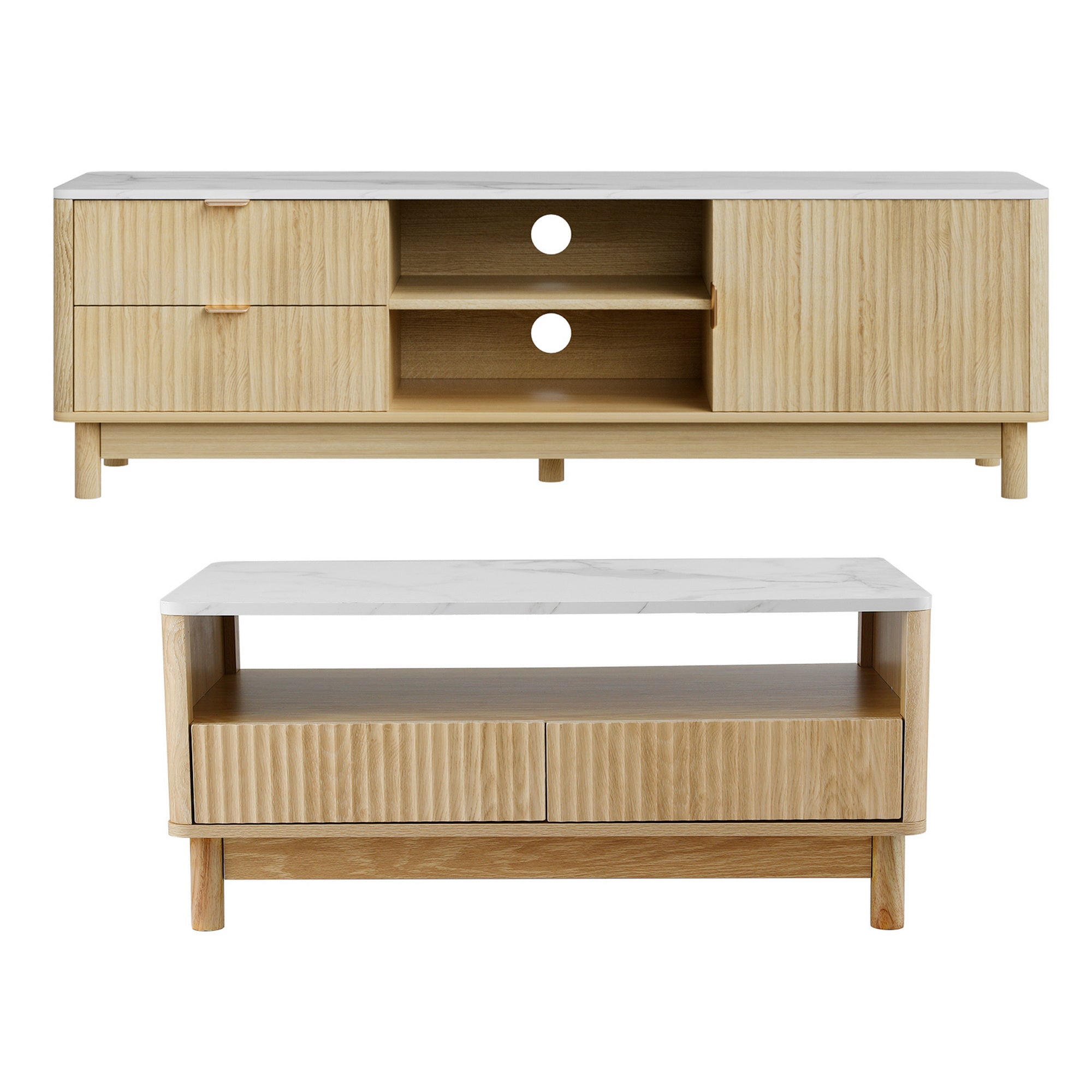 TV Unit & Coffee Table Set Storage Drawers Pine