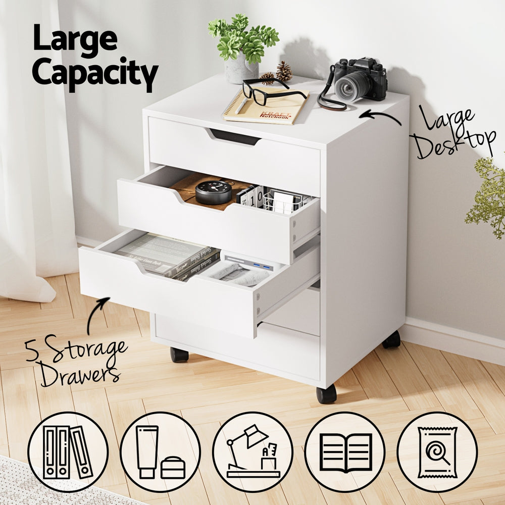 Artiss 5 Drawer Mobile Filing Cabinet Rolling Storage Cabinet White