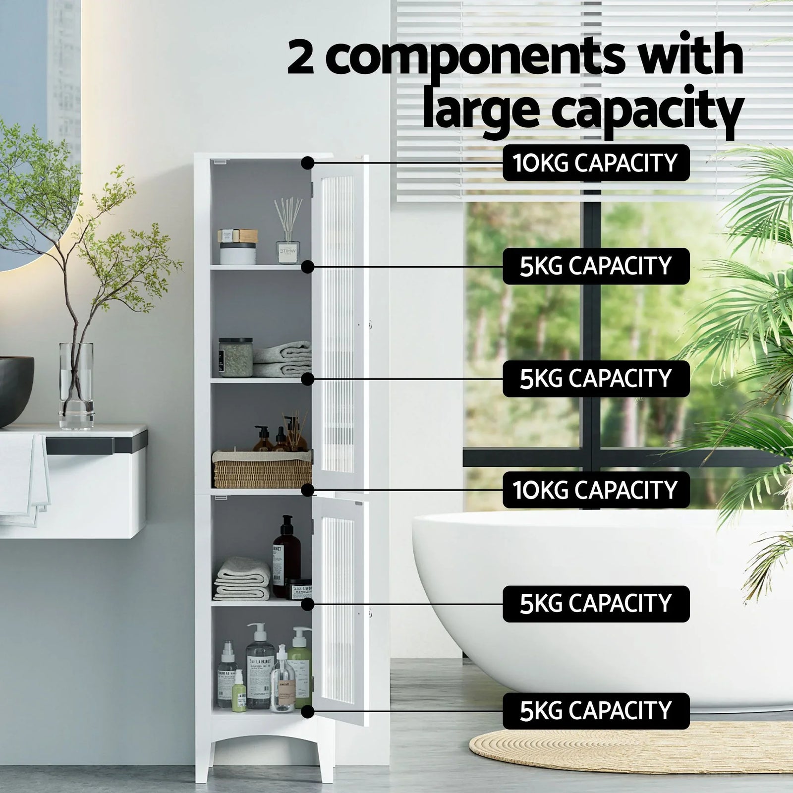 2X Bathroom Storage Cabinet 160cm Tall Slim Floor Cupboard Toilet Glass Door White