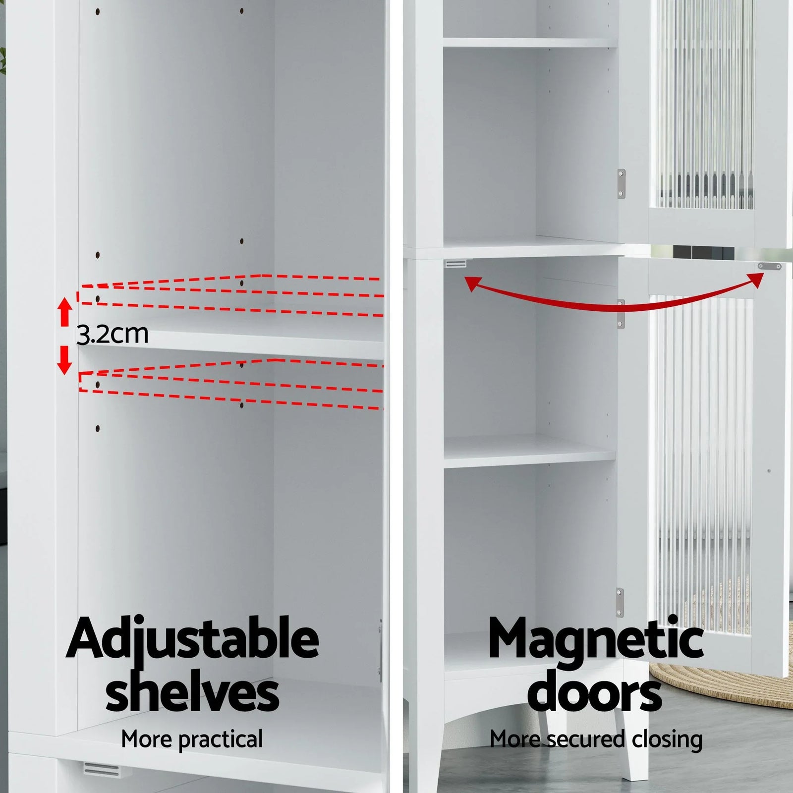 2X Bathroom Storage Cabinet 160cm Tall Slim Floor Cupboard Toilet Glass Door White