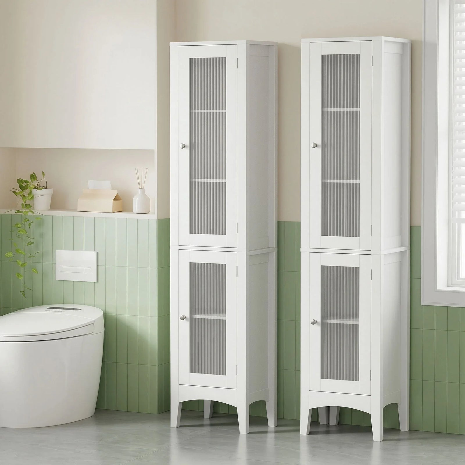 2X Bathroom Storage Cabinet 160cm Tall Slim Floor Cupboard Toilet Glass Door White