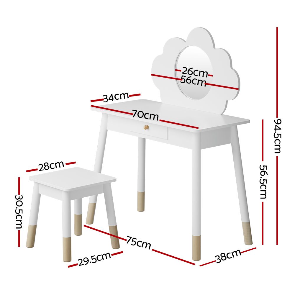 Kids Dressing Table & Stool – Cloud Motif, Mirror, Storage Drawer, White