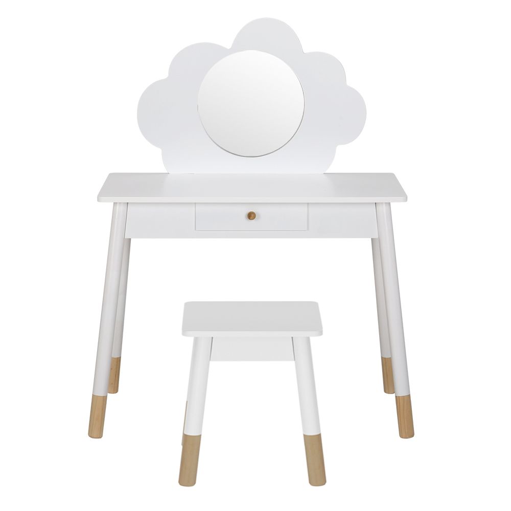 Kids Dressing Table & Stool – Cloud Motif, Mirror, Storage Drawer, White