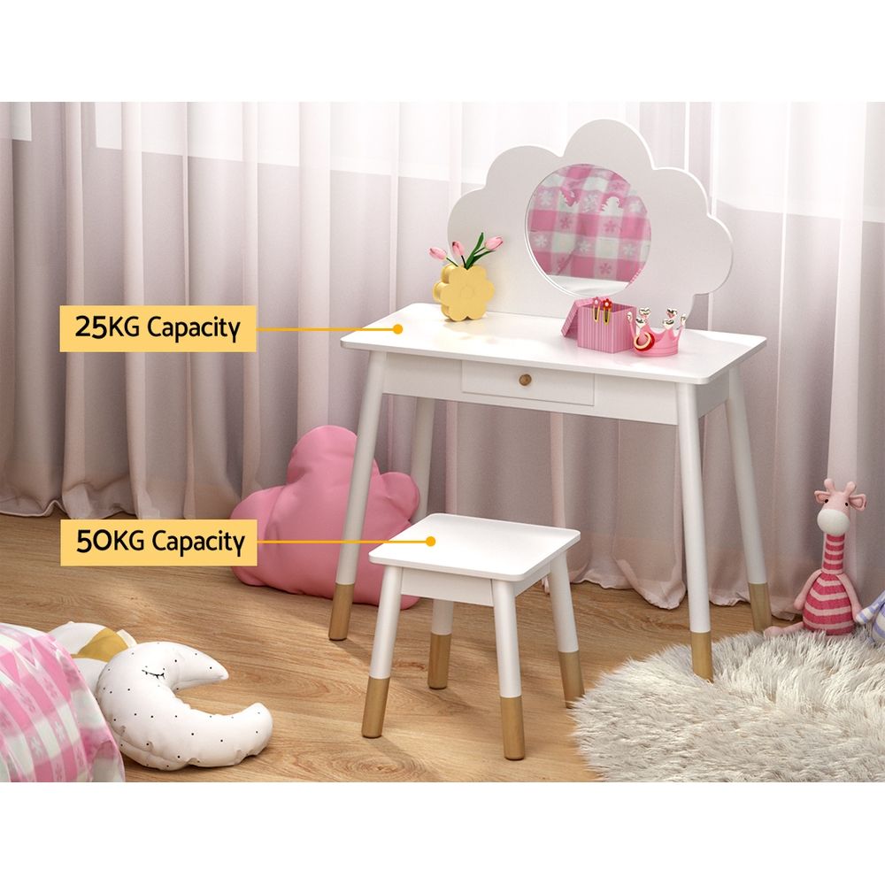 Kids Dressing Table & Stool – Cloud Motif, Mirror, Storage Drawer, White